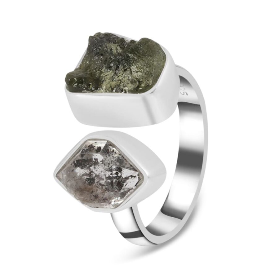 Ženski prstan iz srebra DIVINE, Moldavit in Herkimer