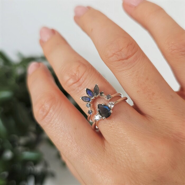 Ženski srebrni prsten INDIE, labradorit i bijeli topaz