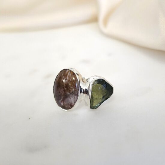 Ženski srebrni prsten VEDA, Moldavit i Cacoxenite