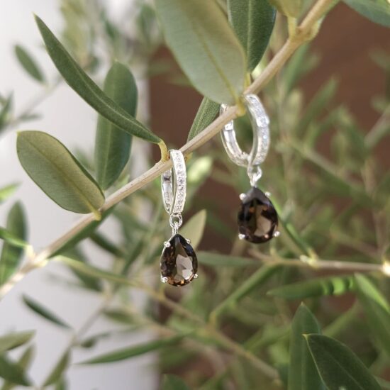 Ženski uhani iz srebra ZARIA, Dimni kremen in Beli Topaz