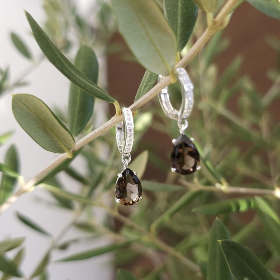 Ženski uhani iz srebra ZARIA, Dimni kremen in Beli Topaz