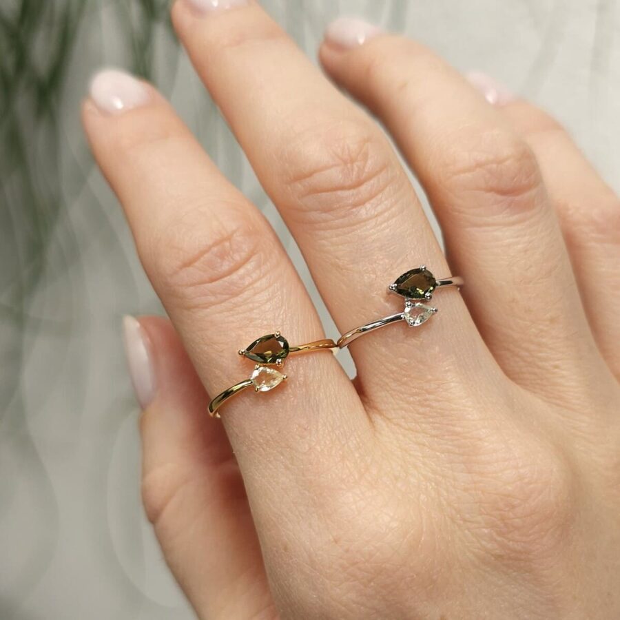 Prstan Solis - Moldavit in Libijski Zlati Tektit - Seraphina