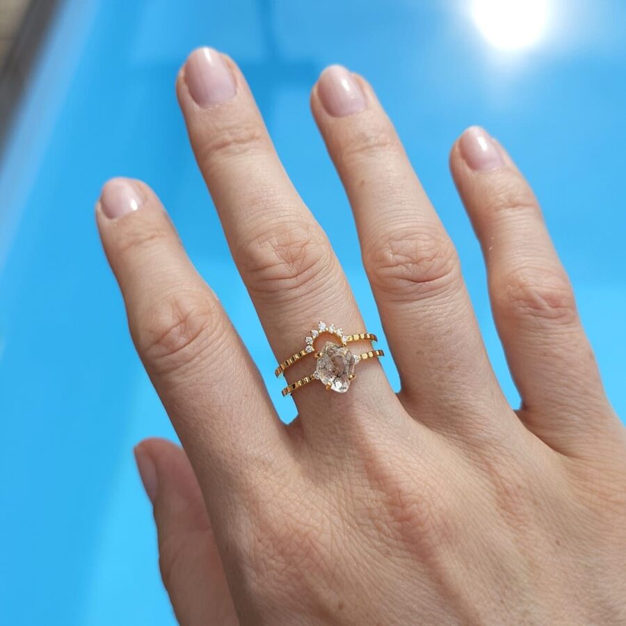 Ženski dvojni prstan iz srebra ARIANIS, Herkimer diamant in Beli Topaz