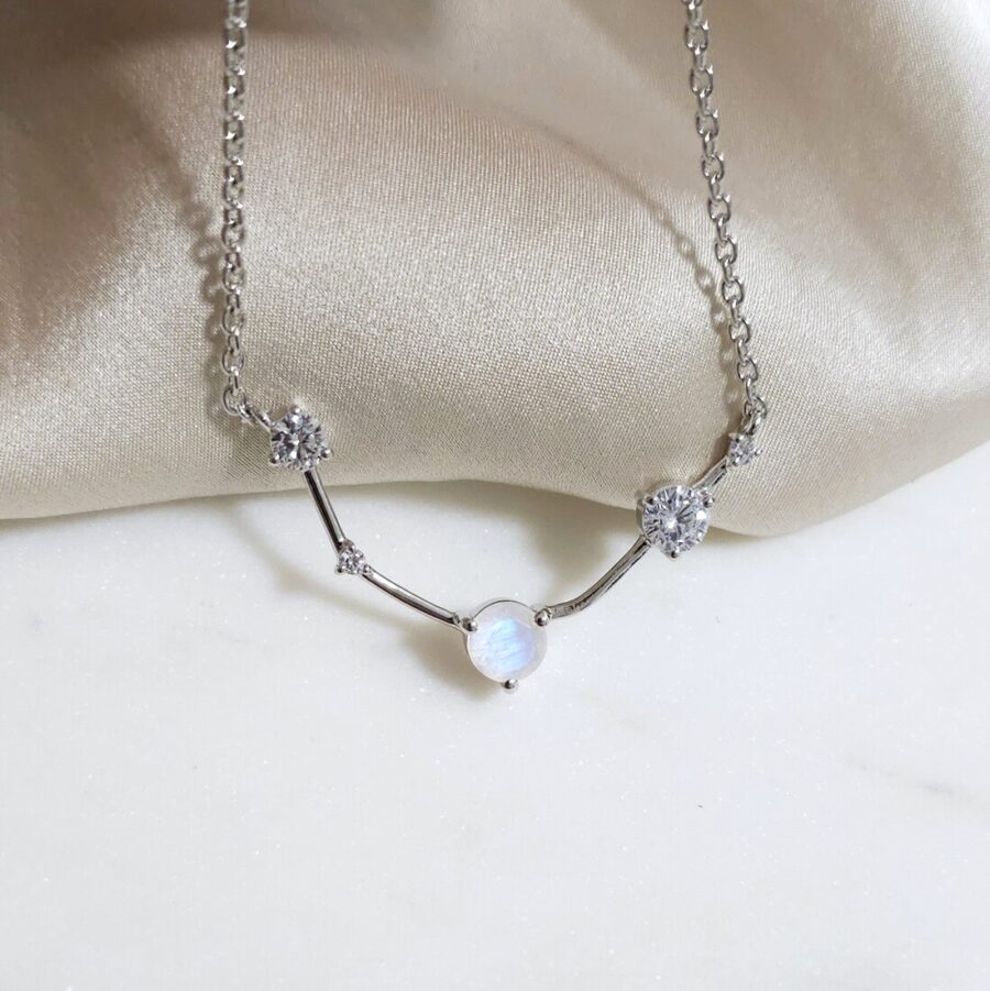 Silberne ZODIAC Widder, Mondstein und Weißer Topas Halskette für Damen