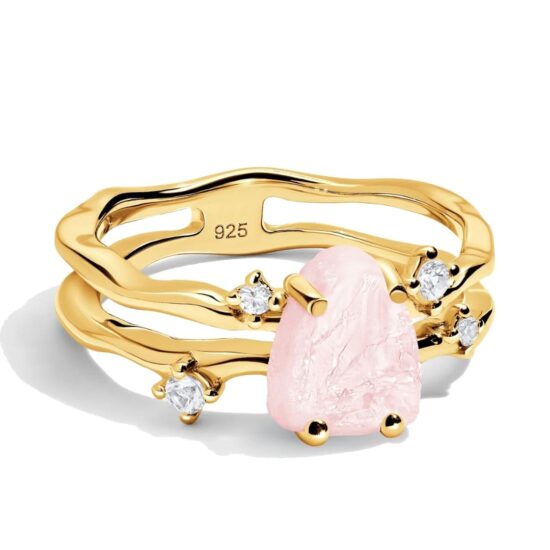 Ženski prstan iz srebra FLOW, Rožnati kremen in Beli Topaz