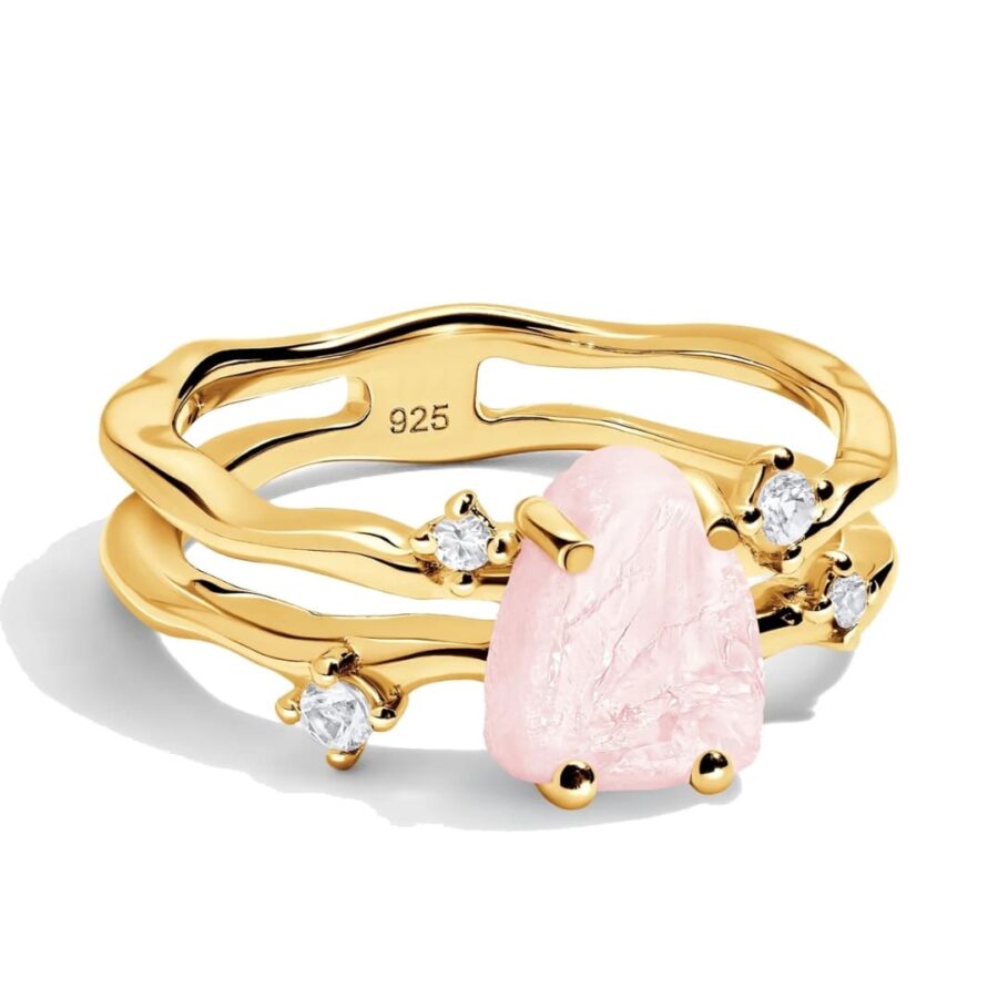 Ženski prstan iz srebra FLOW, Rožnati kremen in Beli Topaz