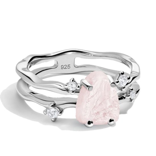 Ženski prstan iz srebra FLOW, Rožnati kremen in Beli Topaz