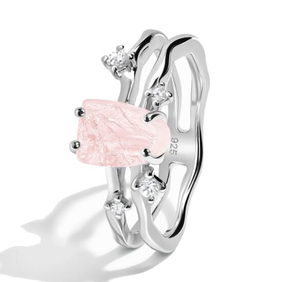 Ženski prstan iz srebra FLOW, Rožnati kremen in Beli Topaz