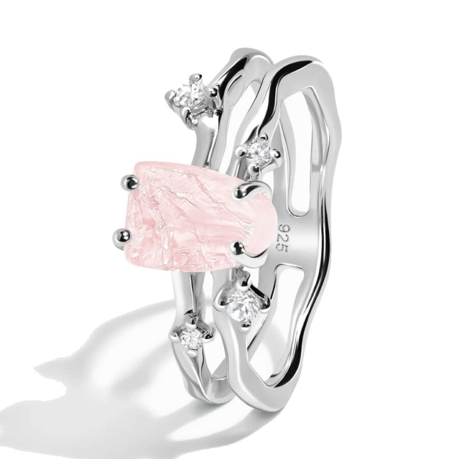 Ženski prstan iz srebra FLOW, Rožnati kremen in Beli Topaz