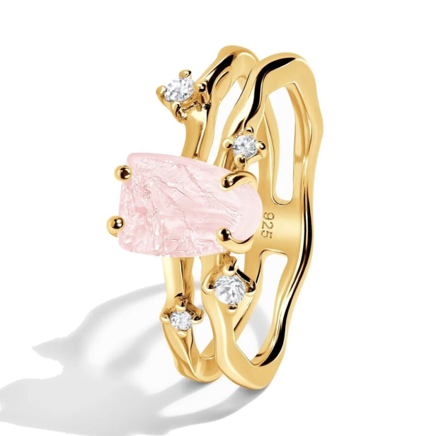 Ženski prstan iz srebra FLOW, Rožnati kremen in Beli Topaz