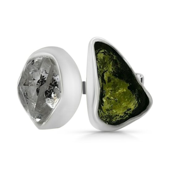 Ženski prstan iz srebra DIVINE, Moldavit in Herkimer