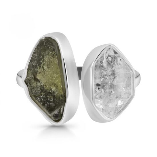 Ženski prstan iz srebra DIVINE, Moldavit in Herkimer