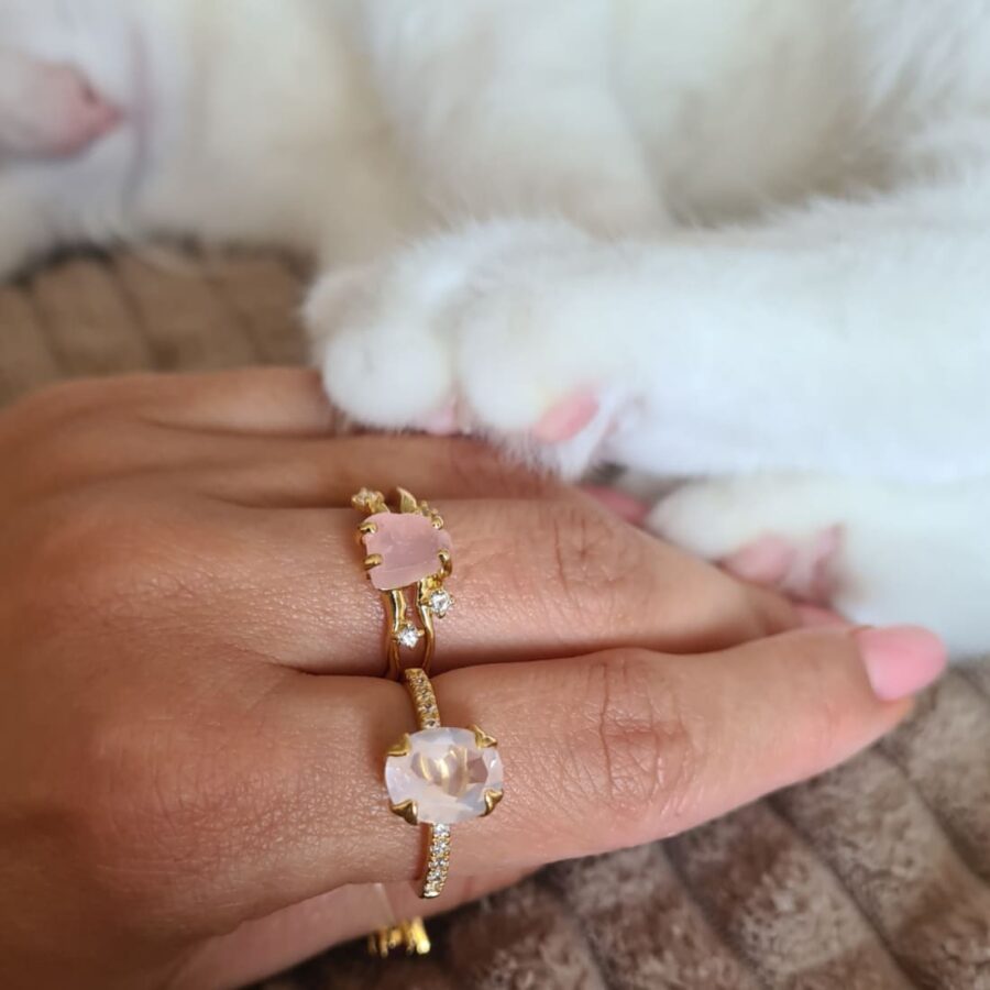 Ženski prstan iz srebra FLOW, Rožnati kremen in Beli Topaz