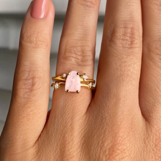 Ženski prstan iz srebra FLOW, Rožnati kremen in Beli Topaz