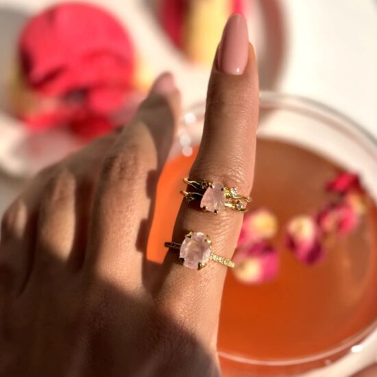 Ženski prstan iz srebra FLOW, Rožnati kremen in Beli Topaz