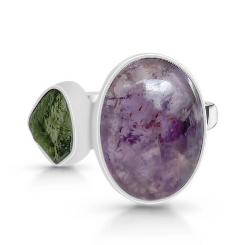 Ženski srebrni prsten VEDA, Moldavit i Cacoxenite